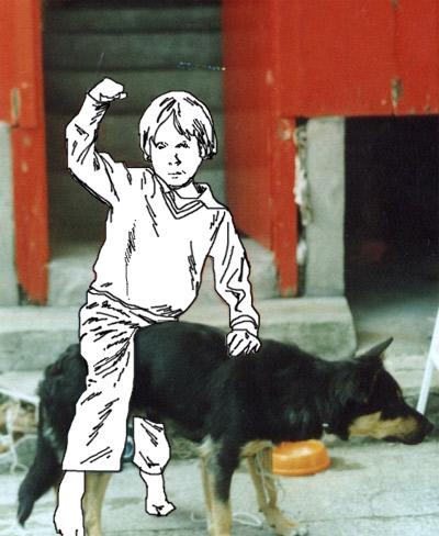 invisible boy sits on dog, in Wales. 