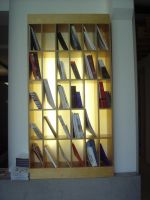 A shelf full of promotional materials. 